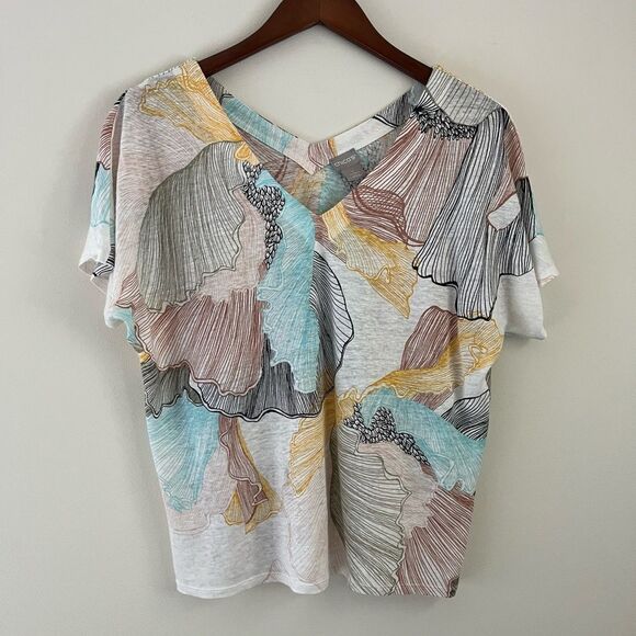 Chico’s Linen V Neck Print Top | Size 1 / Medium - Picture 1 of 6
